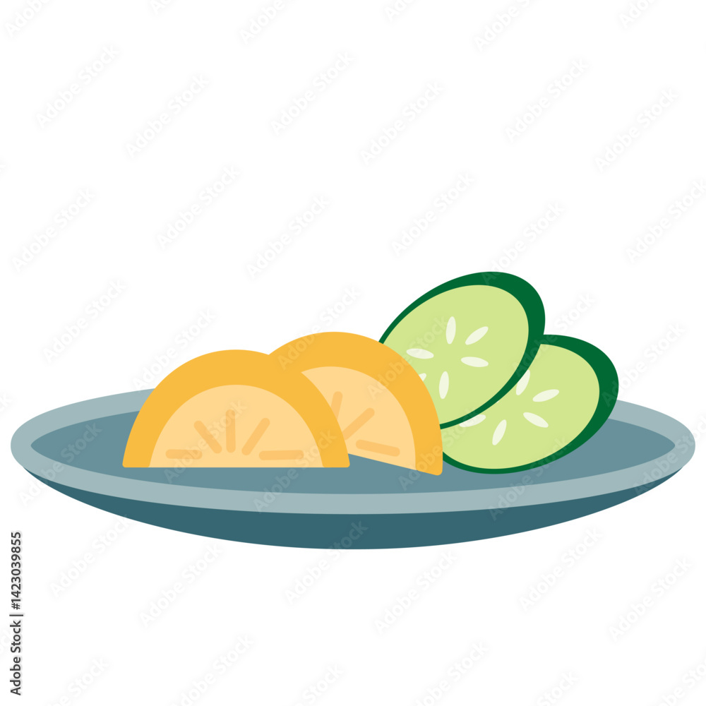 Fototapeta premium 皿に盛った沢庵ときゅうりの漬物のイラスト