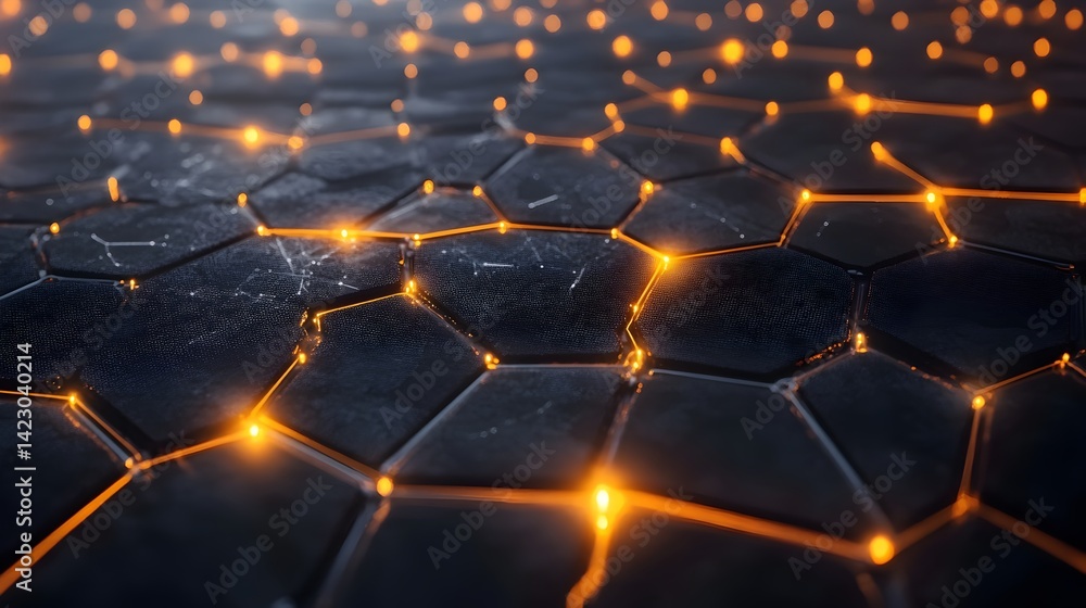 Fototapeta premium Abstract dark hexagonal grid pattern with glowing orange nodes, perfect for technology backgrounds and futuristic designs.