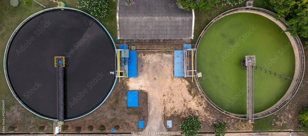 Top view black water treatment tank with waste water, Circle circular water clarifier cleaning water, Circle water treatment plant circular clarifier, Water treatment plant.