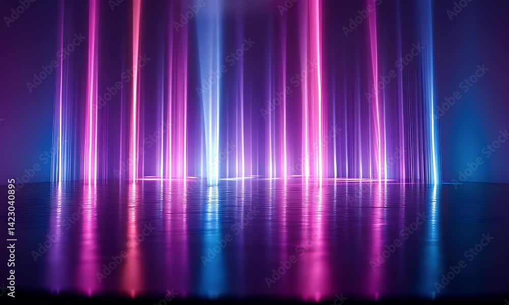 Abstract background with blue and purple neon light lines, glowing vertical stripes on a dark backdrop, night club stage Abstract background with blue and purple neon light lines, glowing vertical stripes on a dark backdrop, night club stage