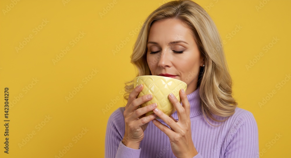 Blonde Woman in Purple Sweater Enjoying a Warm Drink from a Yellow Mug Against a Yellow Background Blonde Woman in Purple Sweater Enjoying a Warm Drink from a Yellow Mug Against a Yellow Background