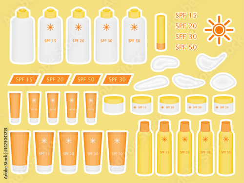 Set of sunscreen stickers with white outline on yellow background. Vector illustration. Body milk and face and body cream. Lip spray and balm. Cosmetics with UV and SPF protection. Cream smears.