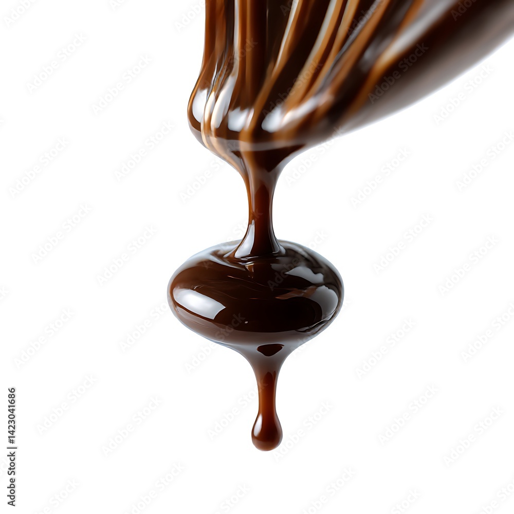 A close-up shot of a chocolate syrup drizzle, isolated on a clean white background A close-up shot of a chocolate syrup drizzle, isolated on a clean white background