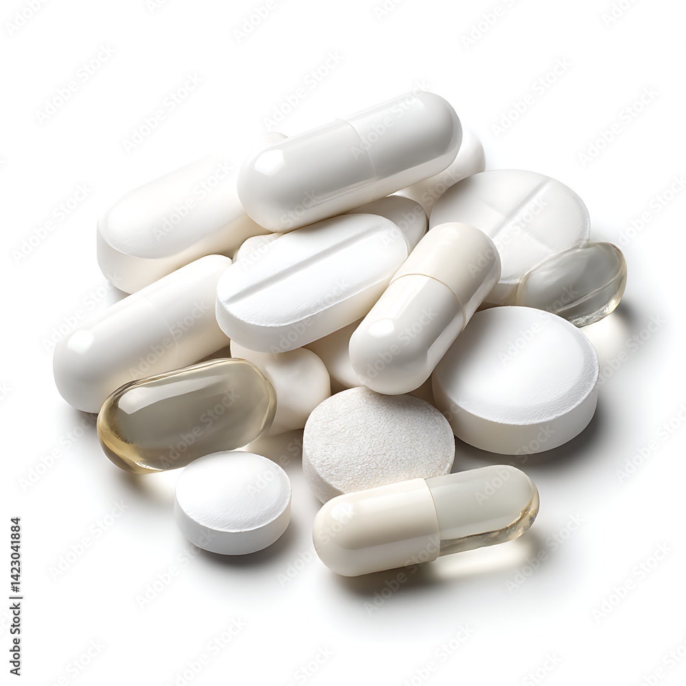A collection of various white pills, tablets, and capsules isolated on a clean white background A collection of various white pills, tablets, and capsules isolated on a clean white background