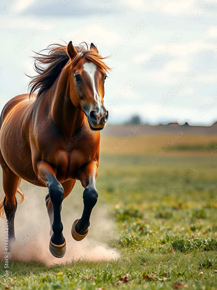 Obraz premium Close-up of a horse galloping through an open field, dust kicking up in the air with a wide open background for text.