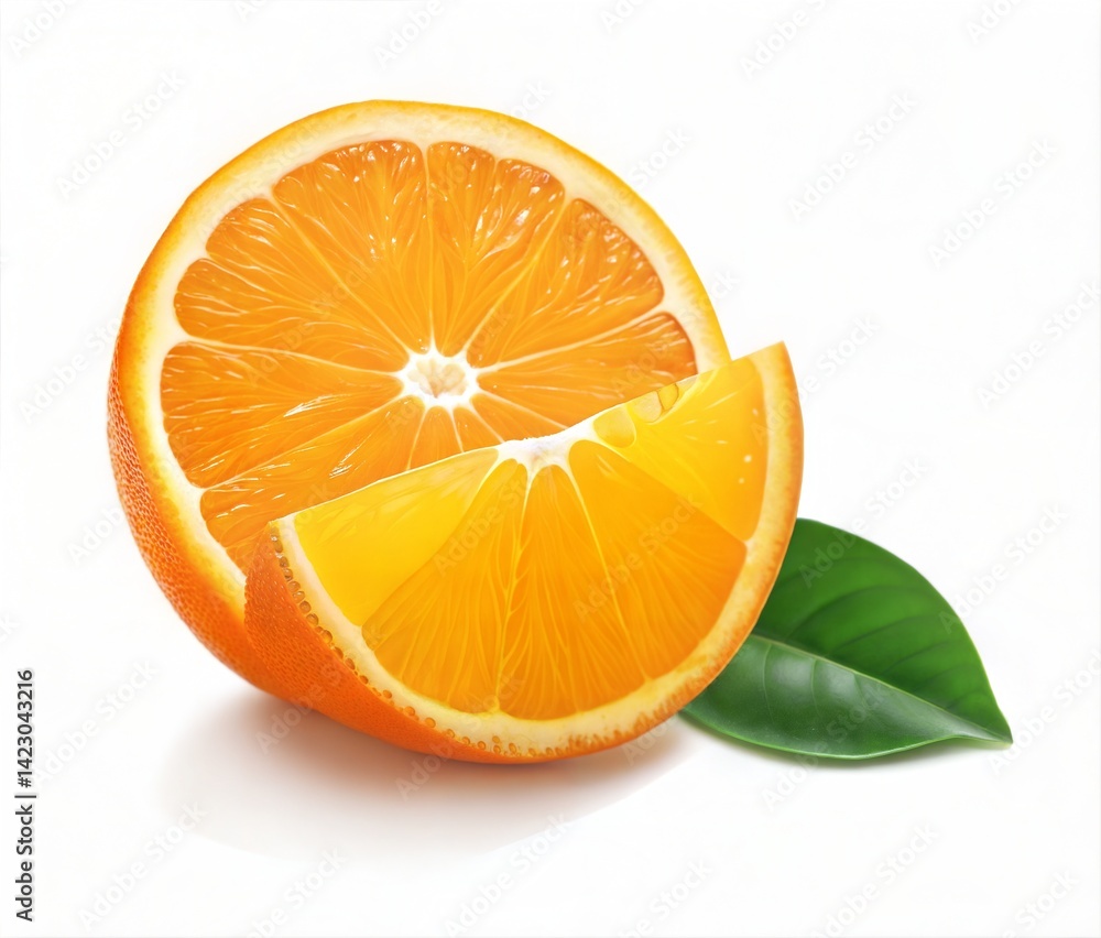 Fototapeta premium Freshly sliced orange beside whole fruit with tender stem and juicy yellow orange flesh close up view