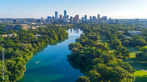 Panoramic cityscape view of Austin with Colorado River and lush green trees