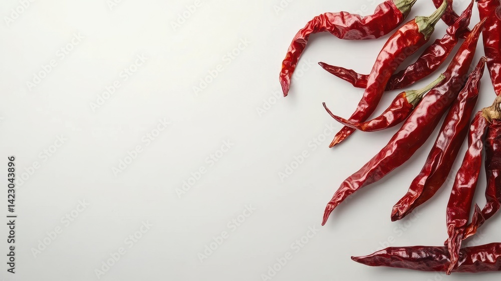 Dried red chili peppers lie on a white surface with copy space. Perfect for culinary blogs or spice product advertising design. Dried red chili peppers lie on a white surface with copy space. Perfect for culinary blogs or spice product advertising design.