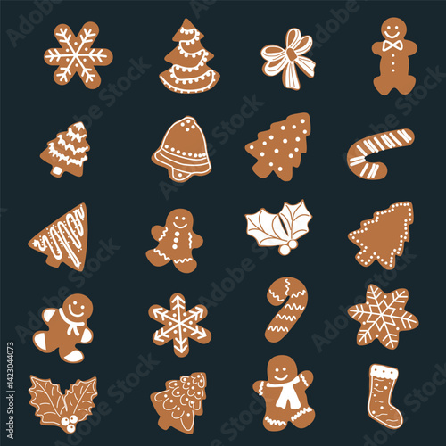 Set of Christmas decorations. Collection of different Gingerbread Cookies, Vector Illustration