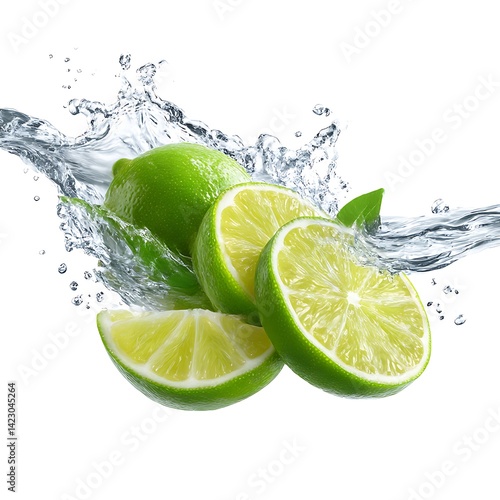 A vibrant image of fresh lime slices with a dynamic water splash, isolated on a clean white background