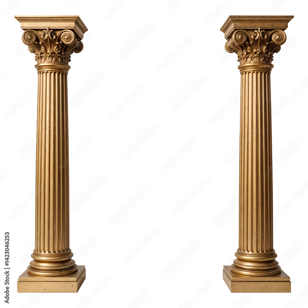 Symmetrical Antique Gold Pillars with Ornate Detailing on Transparent Background Symmetrical Antique Gold Pillars with Ornate Detailing on Transparent Background