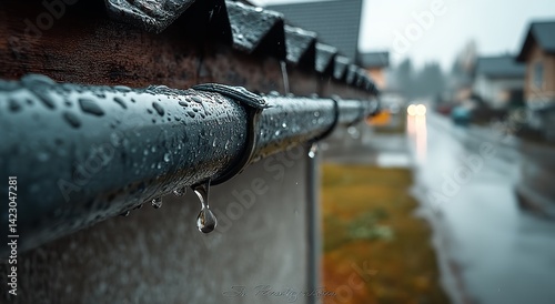 Close-Up of New Gray Rain Gutter and Downspout on House Roof – Spring Rainwater Management and Collection System