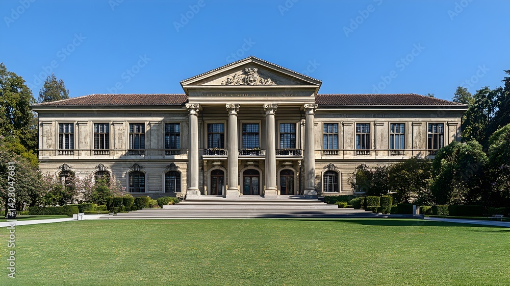 A grand neoclassical mansion stands majestically on a sprawling green lawn under a bright sunny sky showcasing its impressive architectural details A grand neoclassical mansion stands majestically on a sprawling green lawn under a bright sunny sky showcasing its impressive architectural details