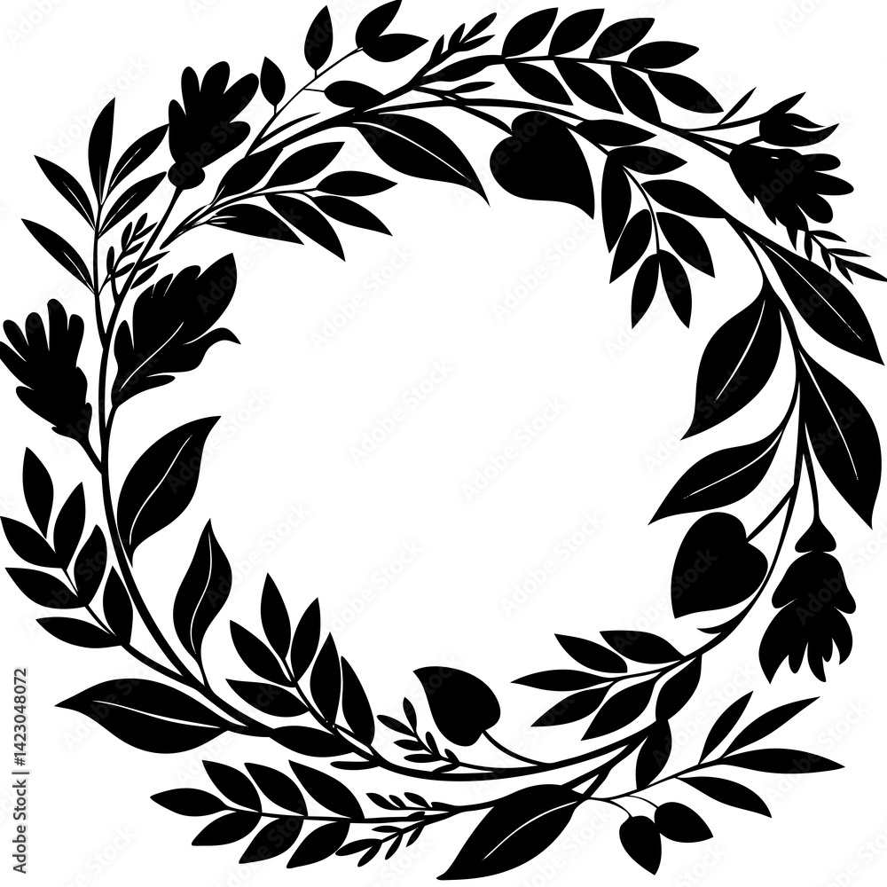 Botanical Wreath: A circular floral wreath in high contrast black silhouette, perfect for adding a touch of nature-inspired elegance to any design. Botanical Wreath: A circular floral wreath in high contrast black silhouette, perfect for adding a touch of nature-inspired elegance to any design.
