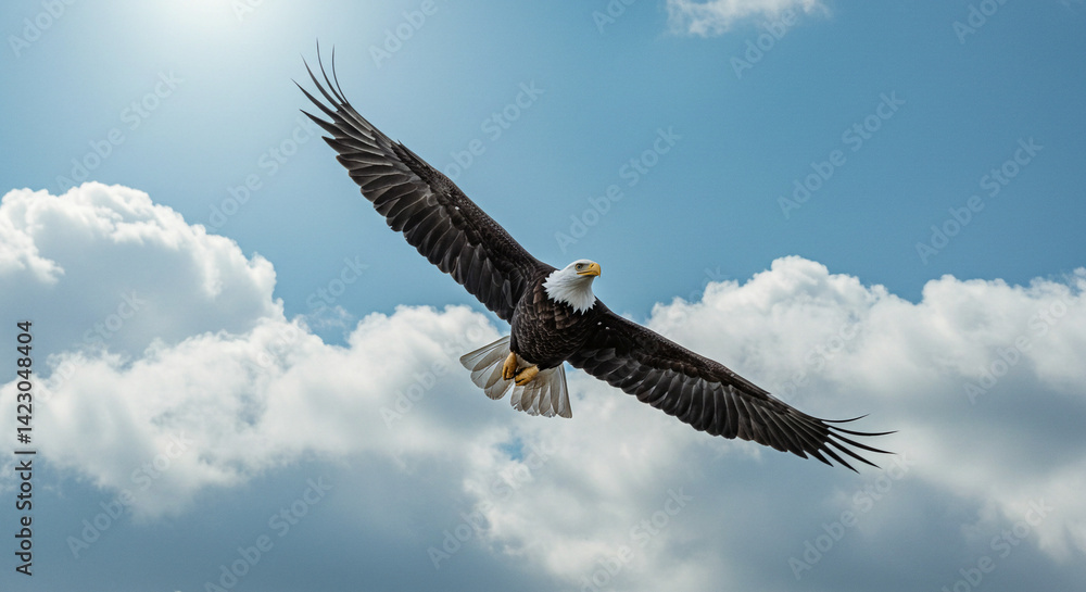 Naklejka premium Eagle Flying in Blue Sky with White Clouds Spread Wings
