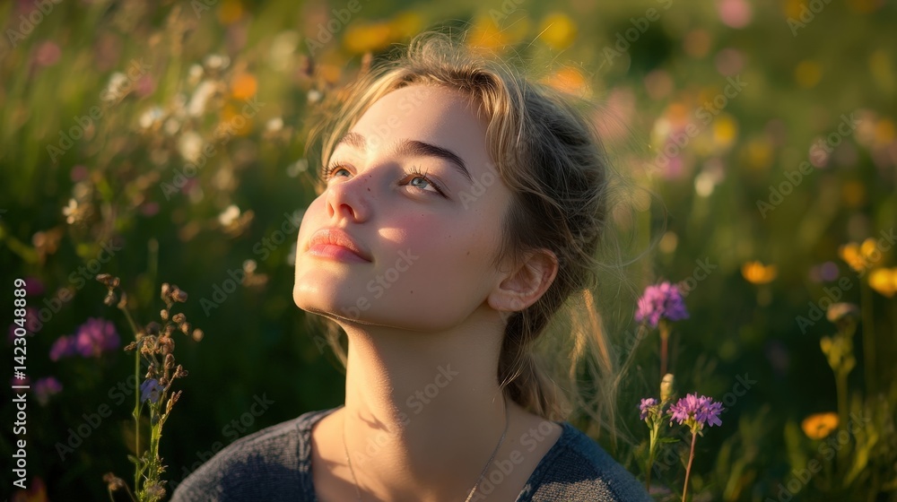 A young woman enjoying nature in a field of colorful flowers, smiling and embracing the beauty of the outdoors. A young woman enjoying nature in a field of colorful flowers, smiling and embracing the beauty of the outdoors.
