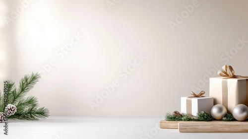 Wallpaper Mural Minimalist Christmas presents on a light beige background.  A gentle Christmas scene featuring wrapped gifts, sprigs of greenery, and pine cones.  Soft lighting creates a warm and inviting atmosphere Torontodigital.ca