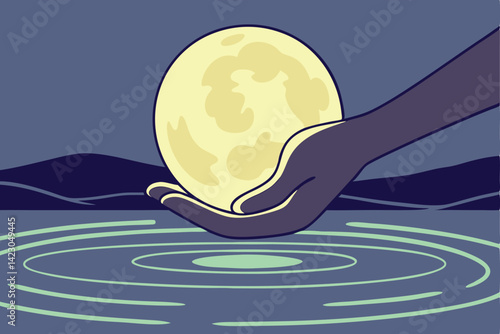 Glowing Moon in Hand Surreal Nighttime Reflection