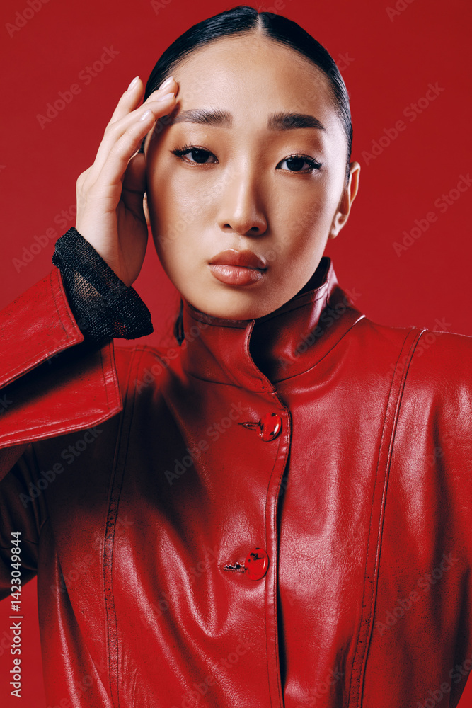 © SHOTPRIME STUDIO - Fashionable asian brunette in a red leather jacket posing with eyes closed against a red background