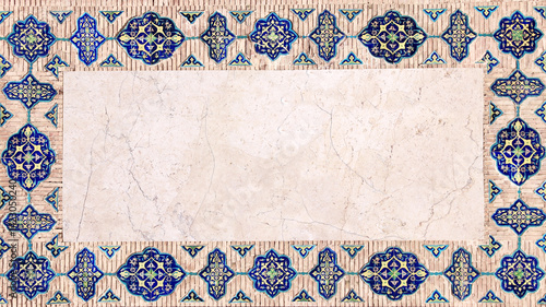 Detail of traditional persian mosaic wall with tile ornament. Horizontal or vertical background with ceramic tile frame. Mock up template. Copy space for text