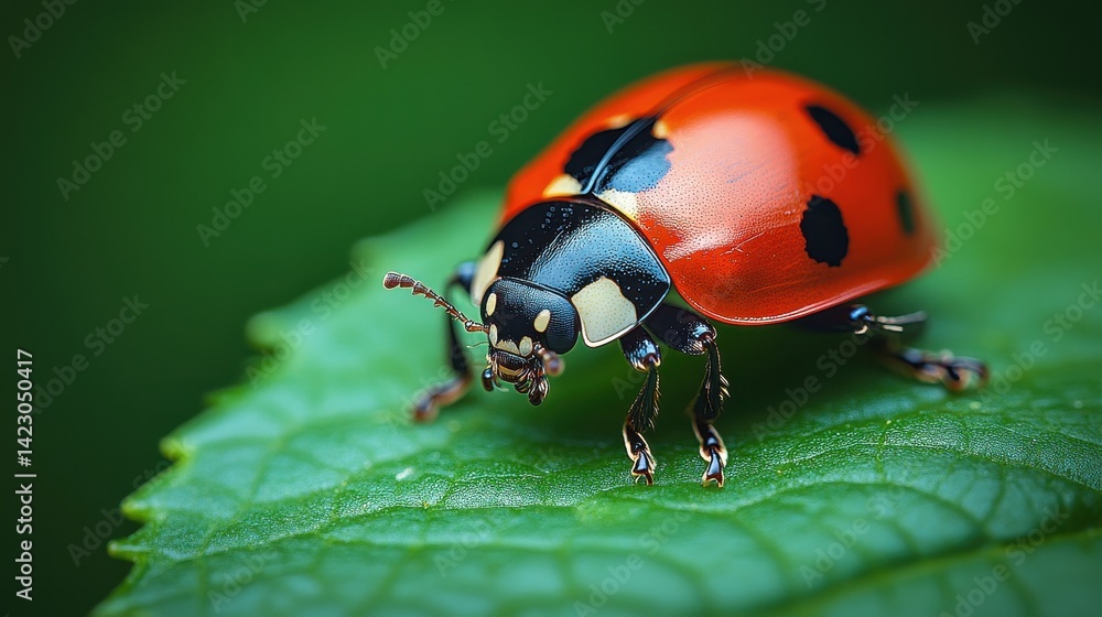 Fototapeta premium Close-up of a vibrant ladybug on a green leaf.