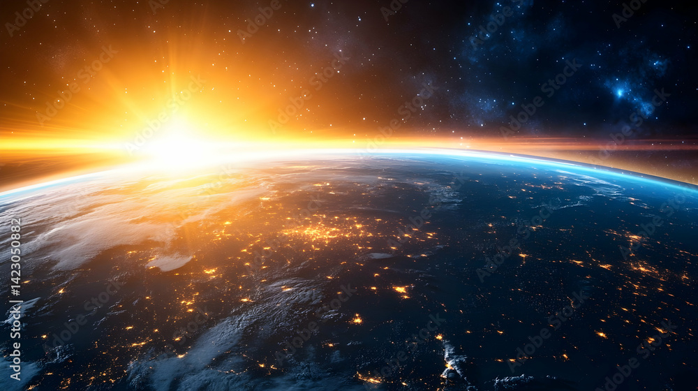 Spectacular earth sunrise viewed from space showcasing city lights Spectacular earth sunrise viewed from space showcasing city lights