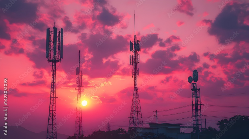Fototapeta premium Three telecommunication towers stand silhouetted against a vibrant pink and orange sunset sky showcasing modern technology infrastructure.