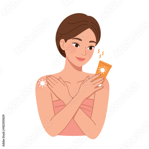 Woman applying sunscreen lotion with sun protection cream on shoulder for skin care routine vector illustration 