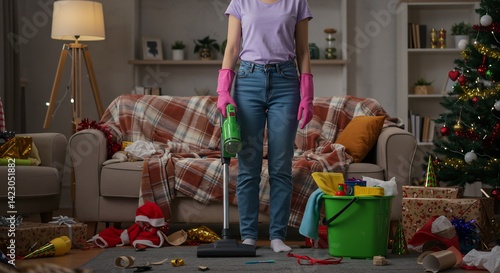 Young Woman Cleaning Up After Christmas Party, Using Cordless Vacuum Cleaner, Messy Living Room