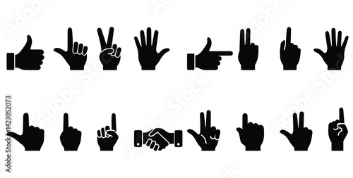Black Hand Gesture Icons Vector Set – Peace Sign, Thumbs Up, Pointing, Fist, and Handshake Silhouettes