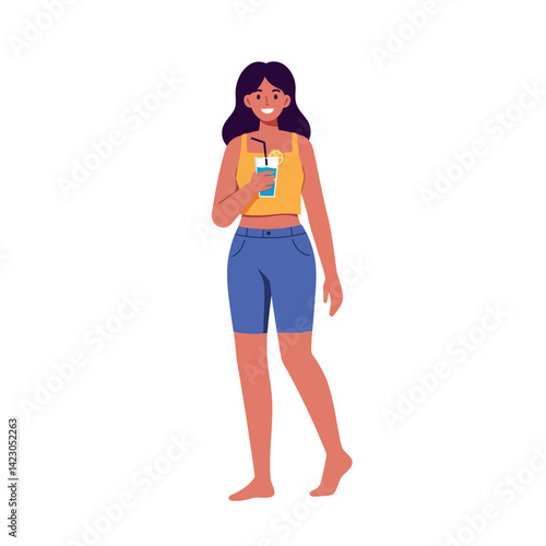 Woman holding drink in casual summer outfit walking barefoot happy and relaxed vector illustration 