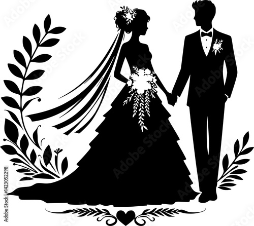 Elegant Wedding Couple Silhouette with Floral Ornament