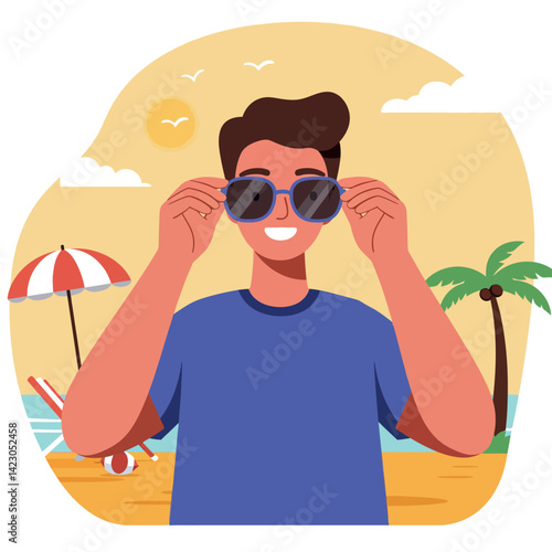 Young man adjusting sunglasses on sunny beach with palm trees and umbrella summer vacation vector illustration 