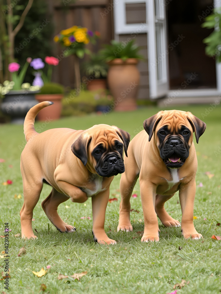deux chiots mastiff en train de jouer dans le jardin deux chiots mastiff en train de jouer dans le jardin