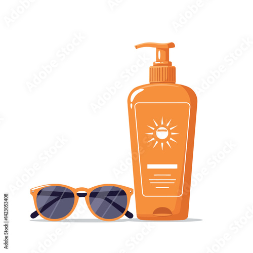 Sunscreen lotion bottle with orange pump and sunglasses summer protection vector illustration 