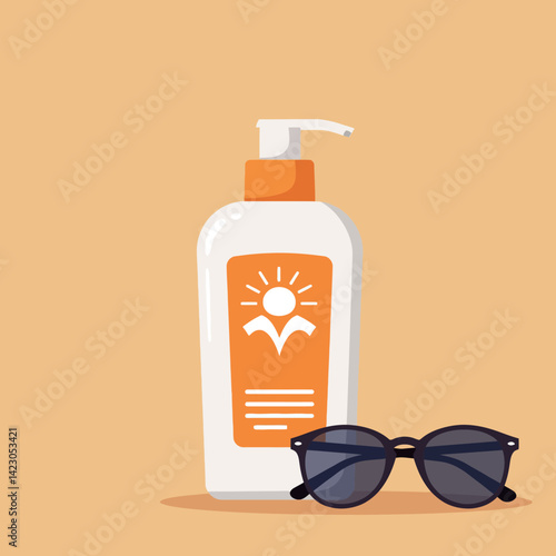 Sunscreen lotion bottle with black sunglasses on beige background summer protection skin care vector illustration 