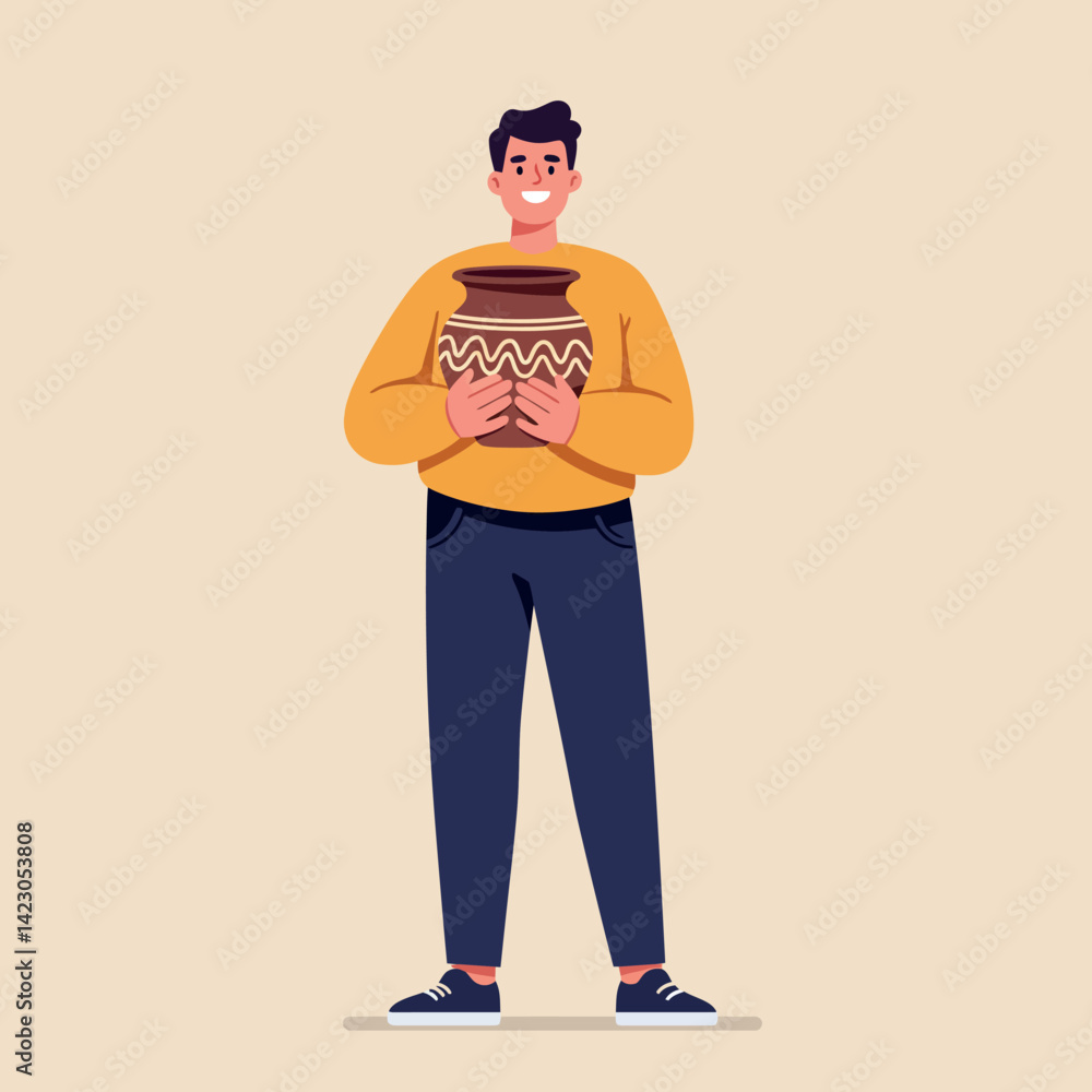 Man holding traditional pottery vase standing smiling with casual clothing vector illustration Man holding traditional pottery vase standing smiling with casual clothing vector illustration