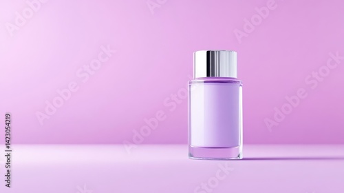 Minimalist cosmetic bottle with a silver cap filled with purple liquid stands on a matching lavender background.