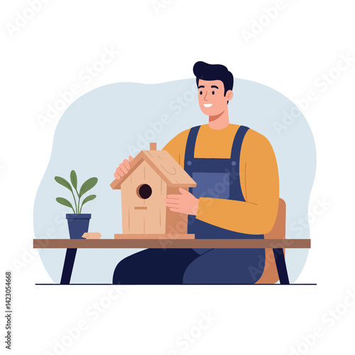 Man Assembling Wooden Birdhouse Craft Project in Workshop Hobby and Leisure Activity Vector Illustration 