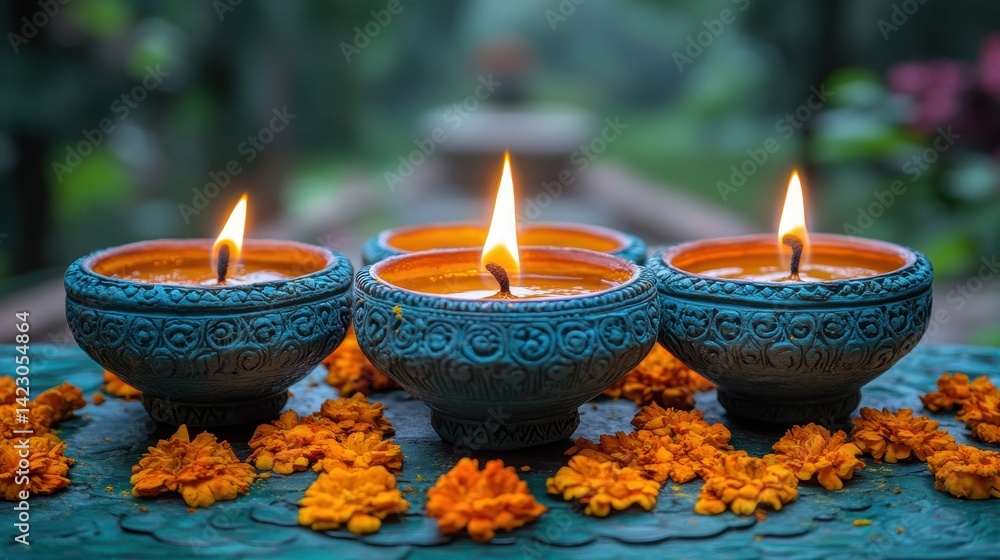 Obraz premium Teal ceramic candle holders with orange marigolds.