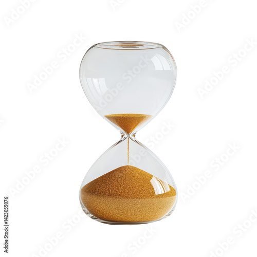 A glass hourglass timer with flowing golden sand, elegant and timeless design – Isolated Transparent Background