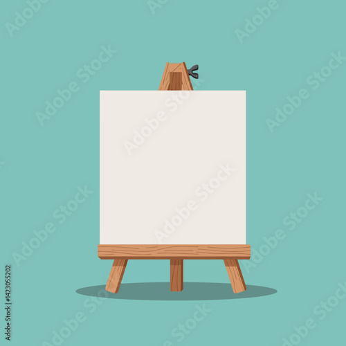 Blank wooden easel with white canvas on teal background for painting and drawing vector illustration