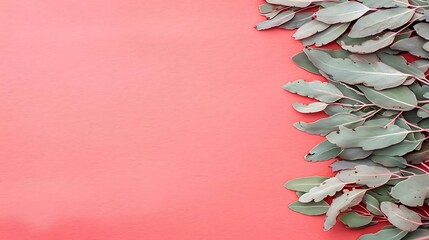 Elegant Eucalyptus leaves border on coral background, nature mock-up