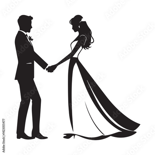 Silhouette of bride and groom holding hands and facing each other