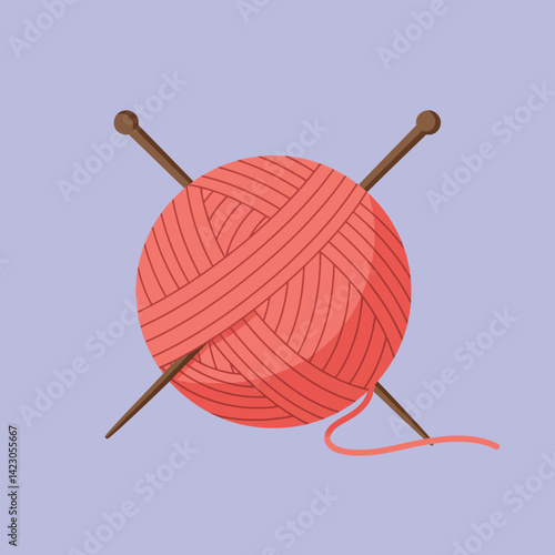 Ball of red yarn with knitting needles on pastel purple background vector illustration for crafting and hobby projects 