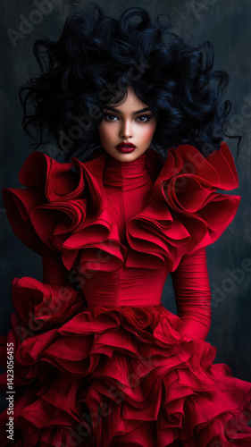 Woman in a sculptural crimson dress with a dramatic train, exuding power and grace