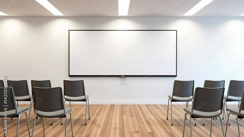 Empty modern classroom with whiteboard and chairs ready for learning Empty modern classroom with whiteboard and chairs ready for learning