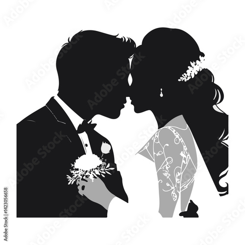 Silhouette of groom gently kissing bride’s forehead
