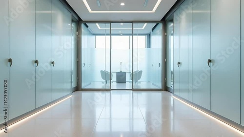 Modern office hallway with frosted glass doors and sleek design