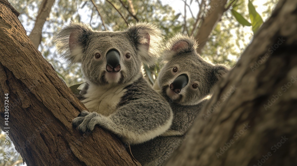 Fototapeta premium Two Koalas clinging to tree branch, Australian wildlife, nature